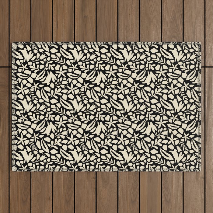 Folk Art Bunnies - black and cream Outdoor Rug Gallery Image 1