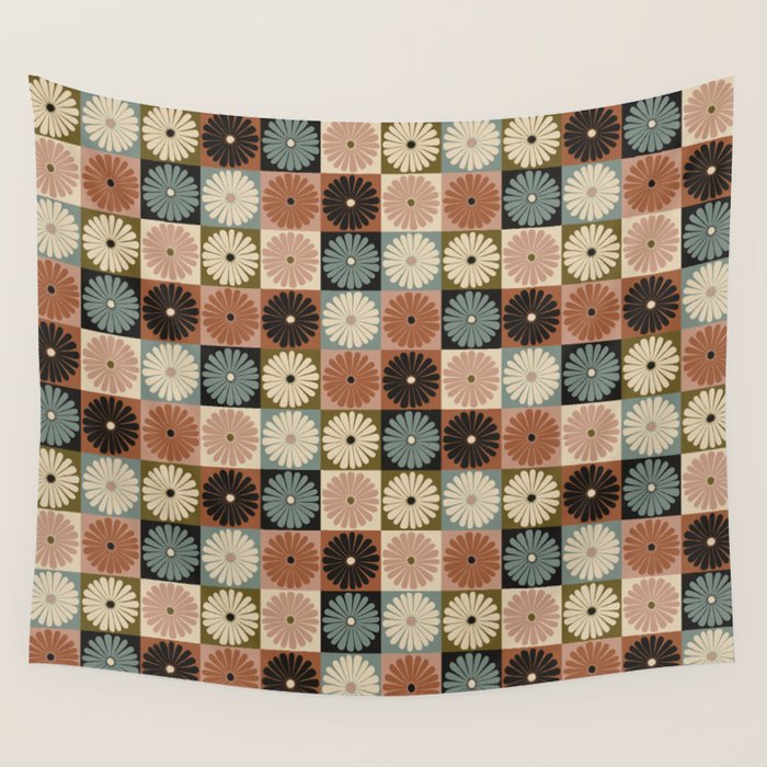 Retro Flowers Check Pattern II Wall Tapestry Gallery Image 4