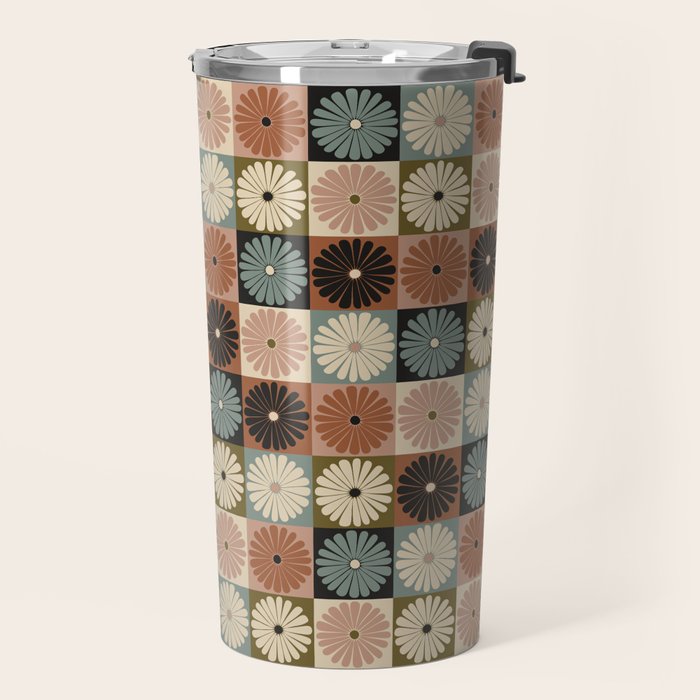 Retro Flowers Check Pattern II Travel Mug Gallery Image 2