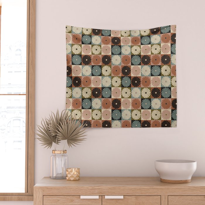 Retro Flowers Check Pattern II Wall Tapestry Gallery Image 2