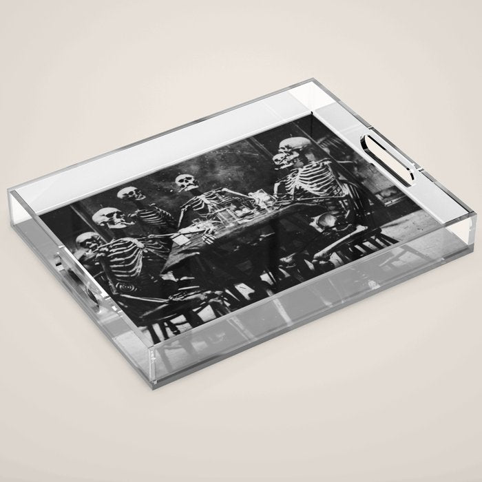 Six Skeletons Smoking vintage black and white photograph / photography poster Acrylic Tray Gallery Image 1