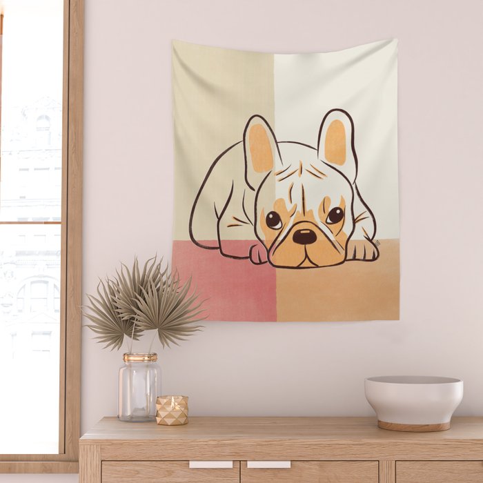 Adorable French Bulldog - Playful Dog Design in Neutral Tones Wall Tapestry Gallery Image 2