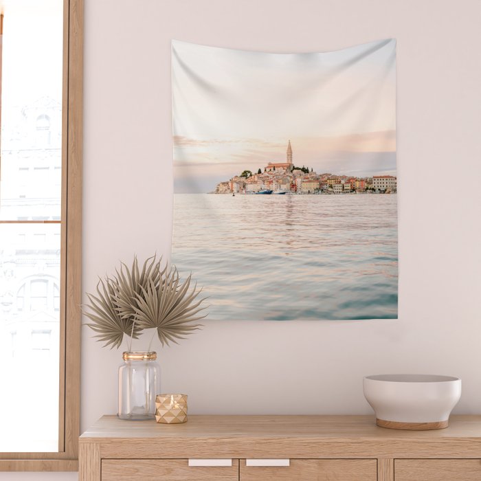 The Rovinj Sunset | Pastel colored travel photography at the sea | ocean print Wall Tapestry Gallery Image 2