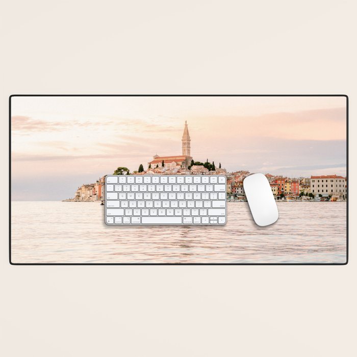 The Rovinj Sunset | Pastel colored travel photography at the sea | ocean print Desk Mat Gallery Image 1