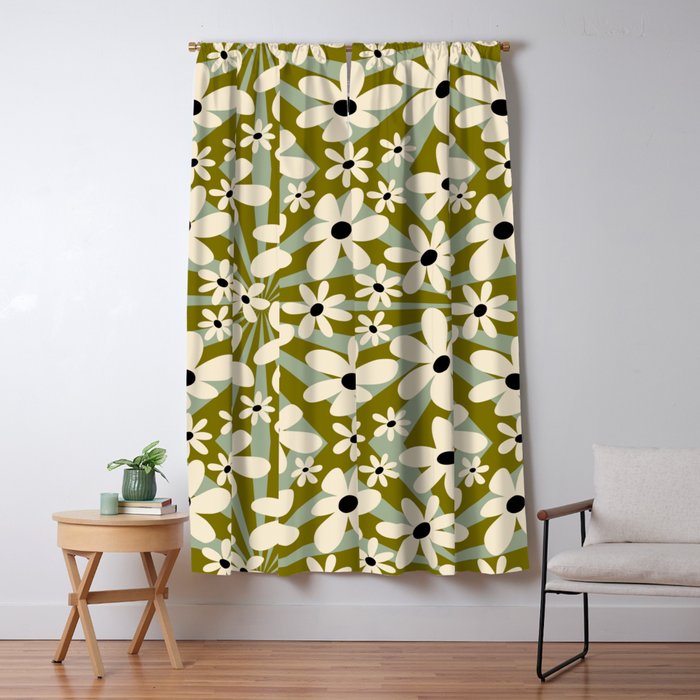 Retro Psychedelic Daisy Flower - Green Color Window Curtain Gallery Image 5