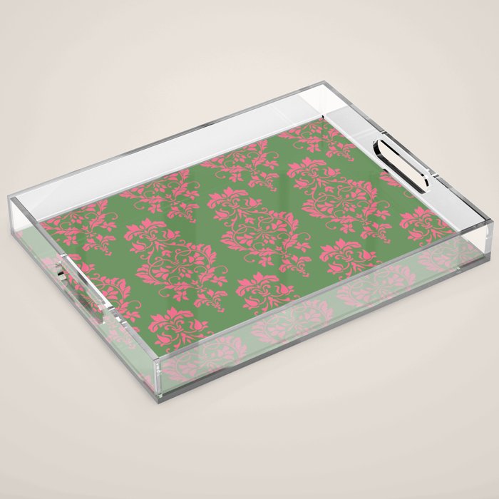 Victorian Pink Green Damask Pattern Acrylic Tray Gallery Image 1