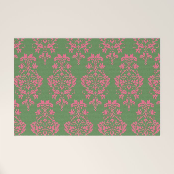 Victorian Pink Green Damask Pattern Welcome Mat Gallery Image 1