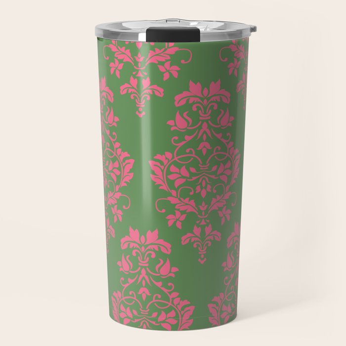 Victorian Pink Green Damask Pattern Travel Mug Gallery Image 1