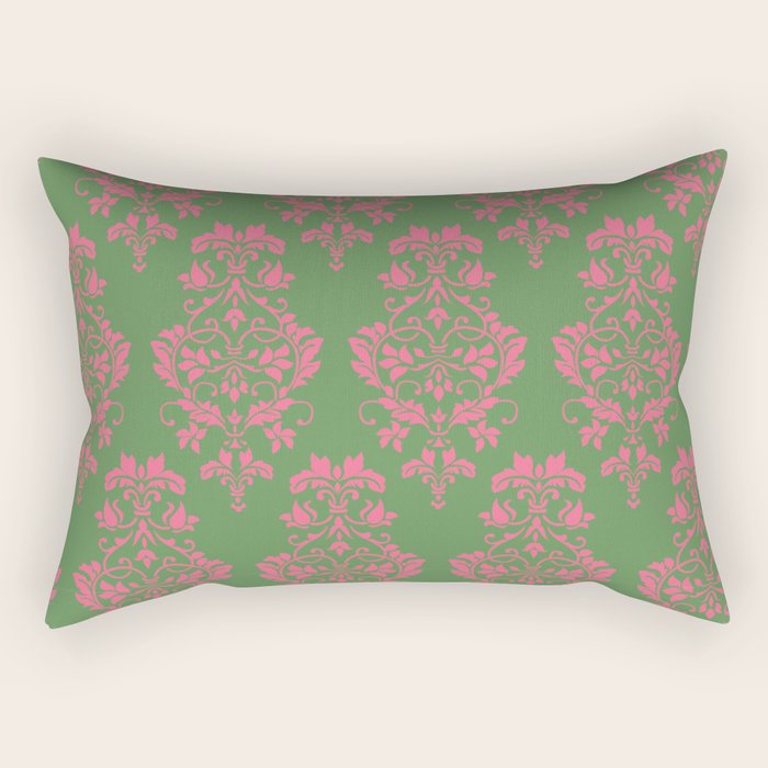 Victorian Pink Green Damask Pattern Rectangular Pillow Gallery Image 1