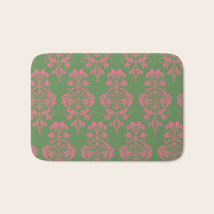 Victorian Pink Green Damask Pattern Bath Mat Gallery Image 1