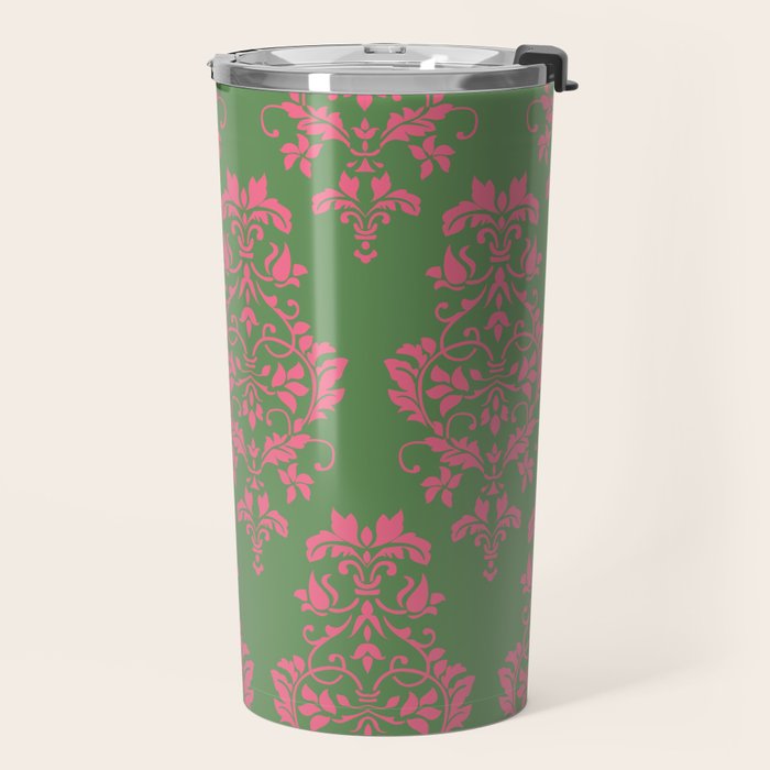 Victorian Pink Green Damask Pattern Travel Mug Gallery Image 2
