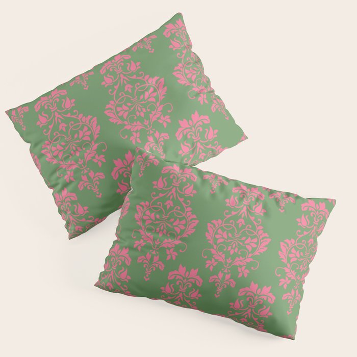 Victorian Pink Green Damask Pattern Pillow Sham Gallery Image 3