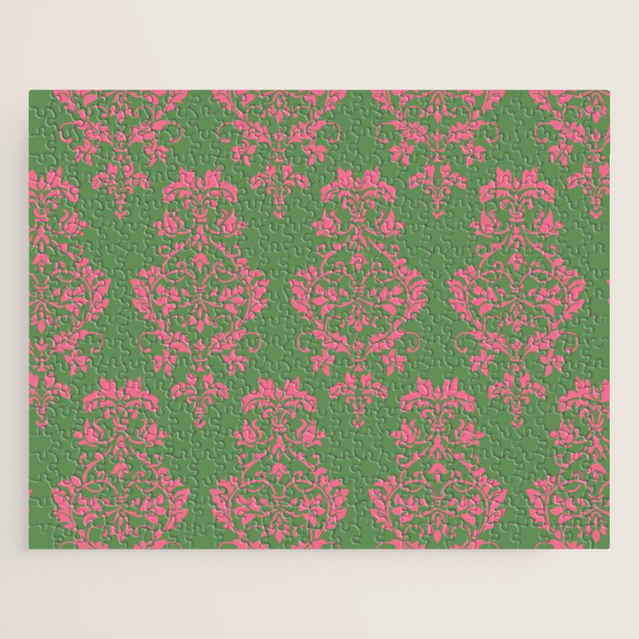 Victorian Pink Green Damask Pattern Jigsaw Puzzle Gallery Image 1