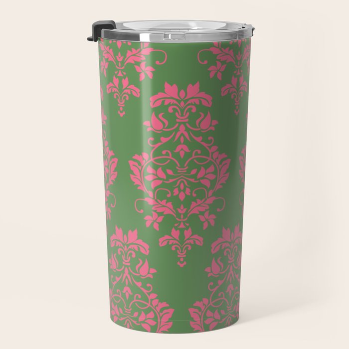 Victorian Pink Green Damask Pattern Travel Mug Gallery Image 3