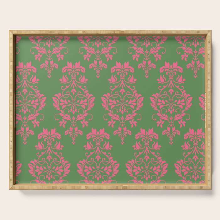 Victorian Pink Green Damask Pattern Serving Tray Gallery Image 1