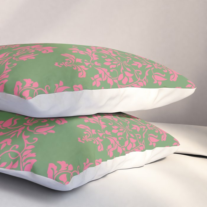Victorian Pink Green Damask Pattern Pillow Sham Gallery Image 3
