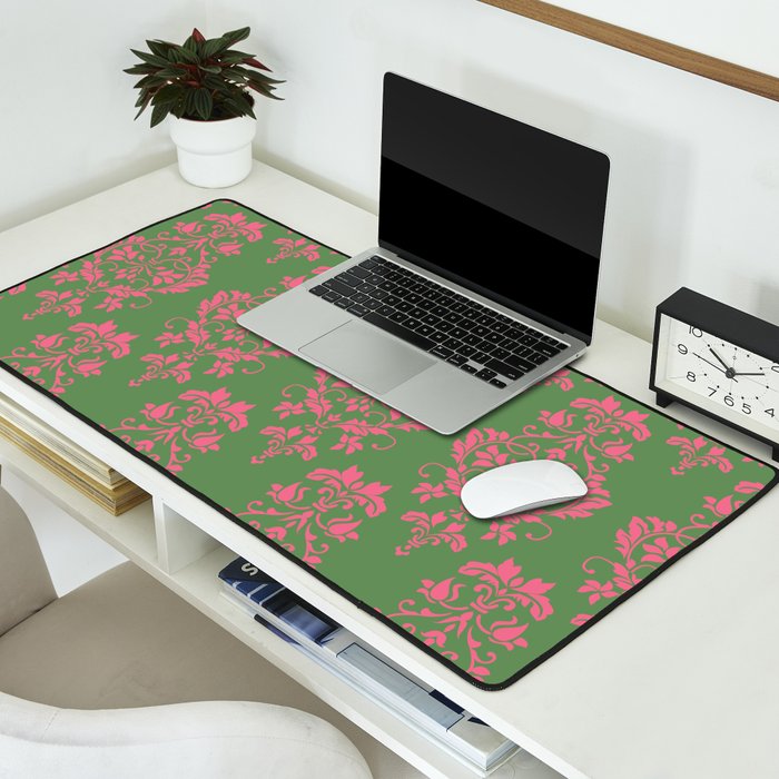 Victorian Pink Green Damask Pattern Desk Mat Gallery Image 2