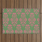 Victorian Pink Green Damask Pattern Outdoor Rug Gallery Image 1