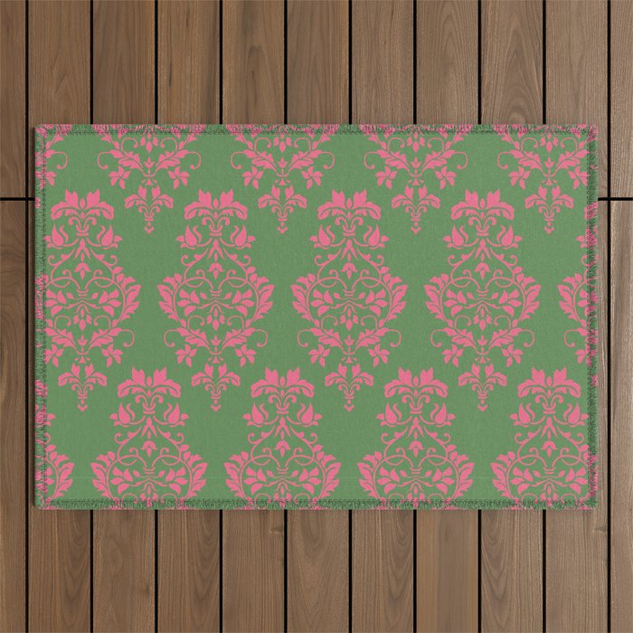 Victorian Pink Green Damask Pattern Outdoor Rug Gallery Image 1