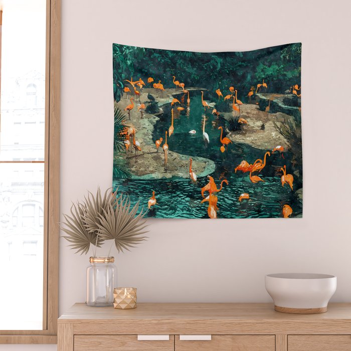 Flamingo Creek #flamingo #tropical #illustration Wall Tapestry Gallery Image 2