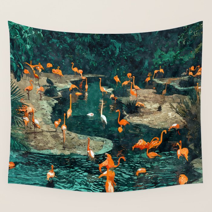 Flamingo Creek #flamingo #tropical #illustration Wall Tapestry Gallery Image 4