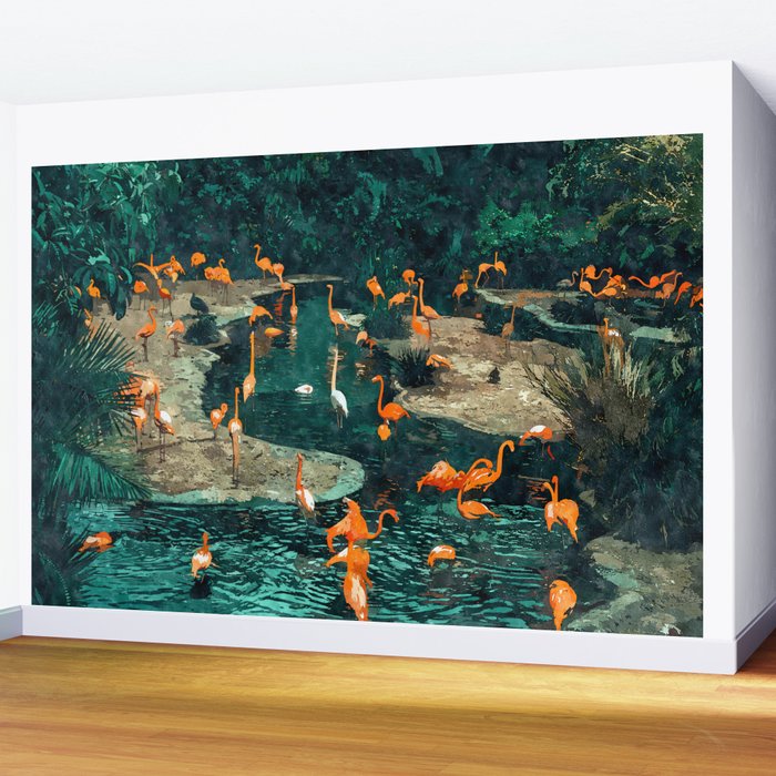Flamingo Creek #flamingo #tropical #illustration Wall Mural Gallery Image 2