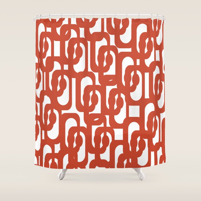 Mid Century Modern Loop Pattern in Vermilion Red and White Shower Curtain Gallery Image 1