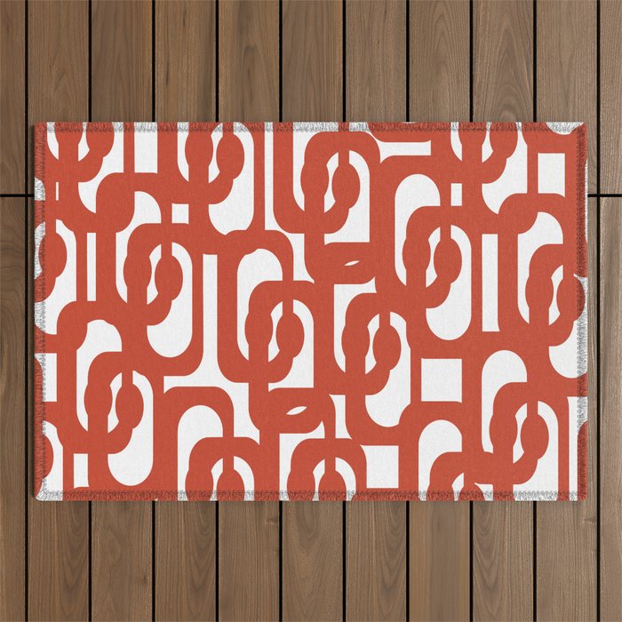 Mid Century Modern Loop Pattern in Vermilion Red and White Outdoor Rug Gallery Image 1