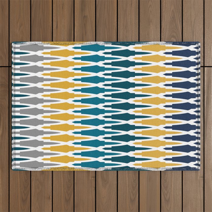 Boho, Geometric Pattern, Blue, Teal, Yellow and Gray Outdoor Rug Gallery Image 1