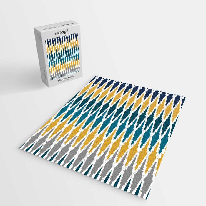 Boho, Geometric Pattern, Blue, Teal, Yellow and Gray Jigsaw Puzzle Gallery Image 2