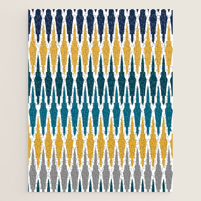 Boho, Geometric Pattern, Blue, Teal, Yellow and Gray Jigsaw Puzzle Gallery Image 1
