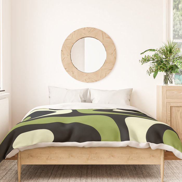 Mid Century Modern Piquet Minimalist Abstract Pattern in Olive Avocado Green and Black Duvet Cover Gallery Image 3
