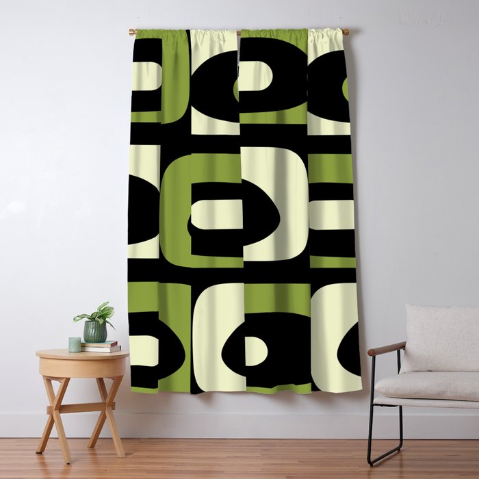 Mid Century Modern Piquet Minimalist Abstract Pattern in Olive Avocado Green and Black Window Curtain Gallery Image 1