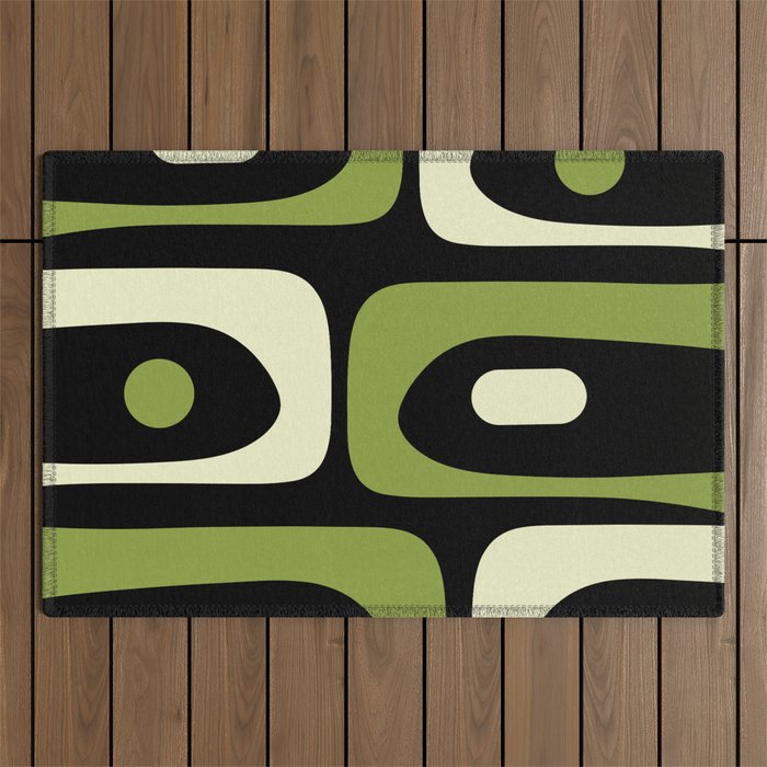 Mid Century Modern Piquet Minimalist Abstract Pattern in Olive Avocado Green and Black Outdoor Rug Gallery Image 1
