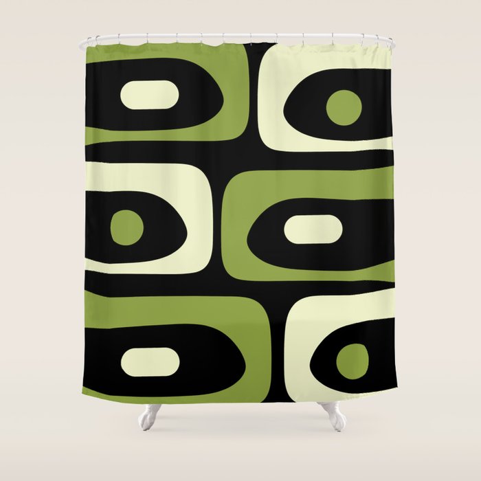 Mid Century Modern Piquet Minimalist Abstract Pattern in Olive Avocado Green and Black Shower Curtain Gallery Image 1
