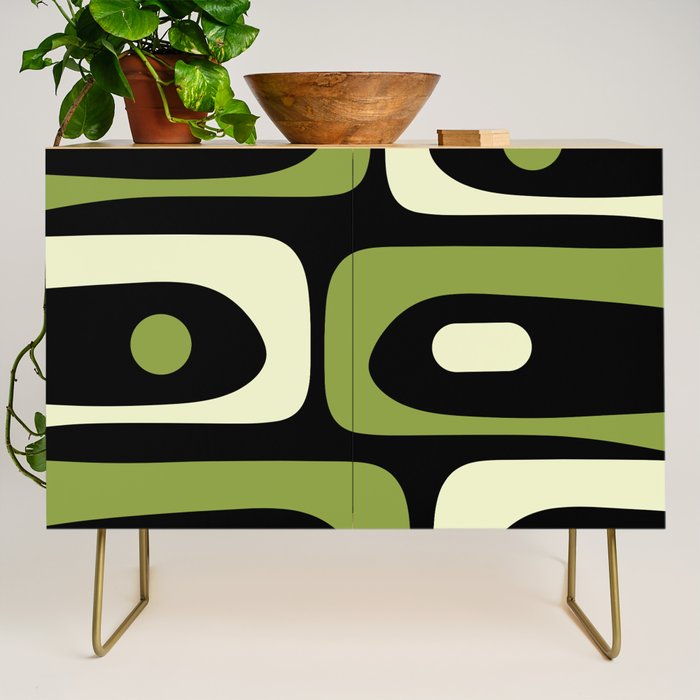 Mid Century Modern Piquet Minimalist Abstract Pattern in Olive Avocado Green and Black Credenza Gallery Image 1