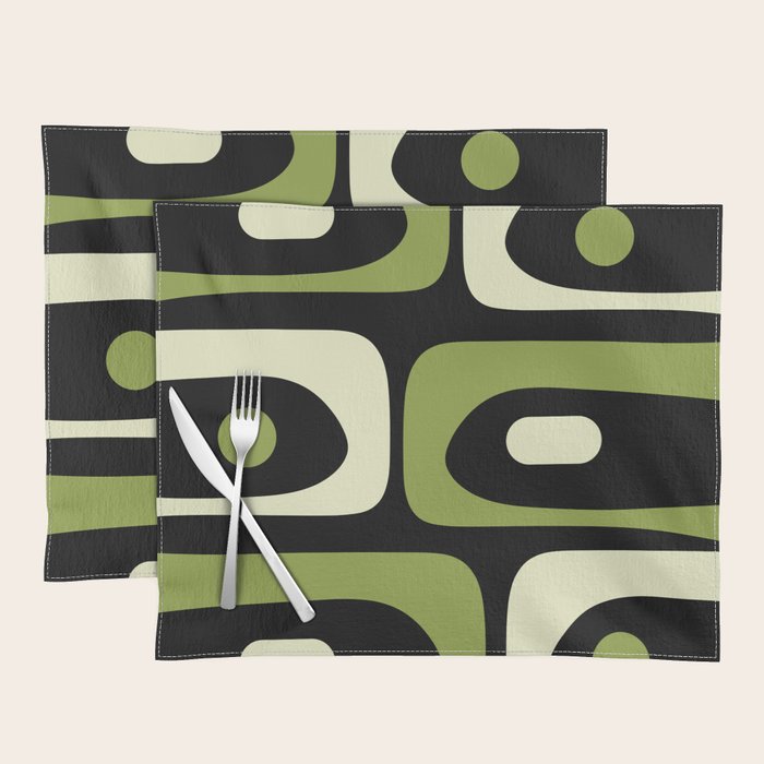 Mid Century Modern Piquet Minimalist Abstract Pattern in Olive Avocado Green and Black Placemat Gallery Image 1