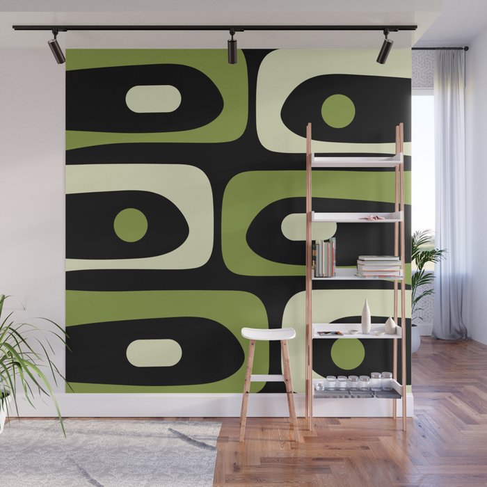 Mid Century Modern Piquet Minimalist Abstract Pattern in Olive Avocado Green and Black Wall Mural Gallery Image 1