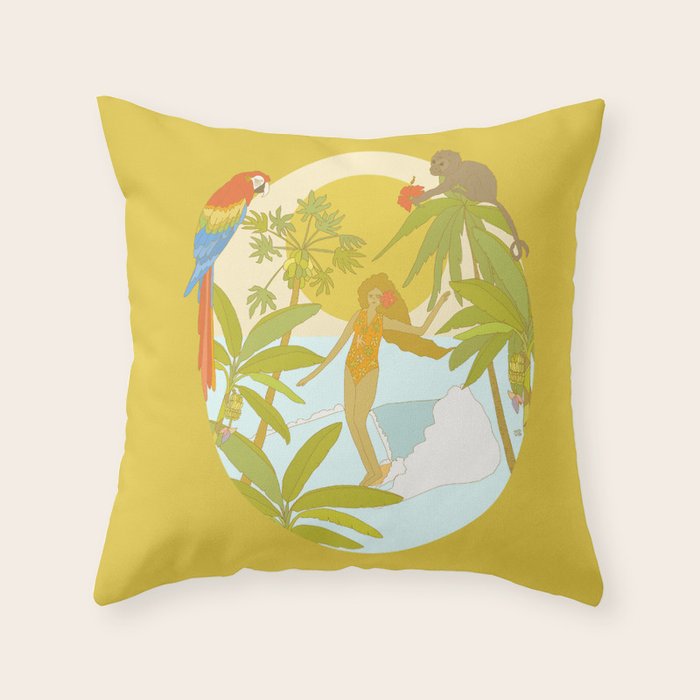 Pura vida jungle by the sea // retro surf art by surfy birdy Throw Pillow Gallery Image 1
