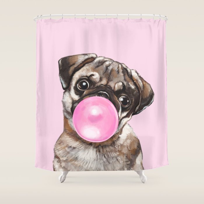Pug with Pink Bubble Gum Shower Curtain Gallery Image 1