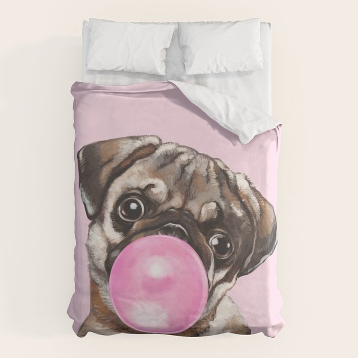 Pug with Pink Bubble Gum Duvet Cover Gallery Image 1