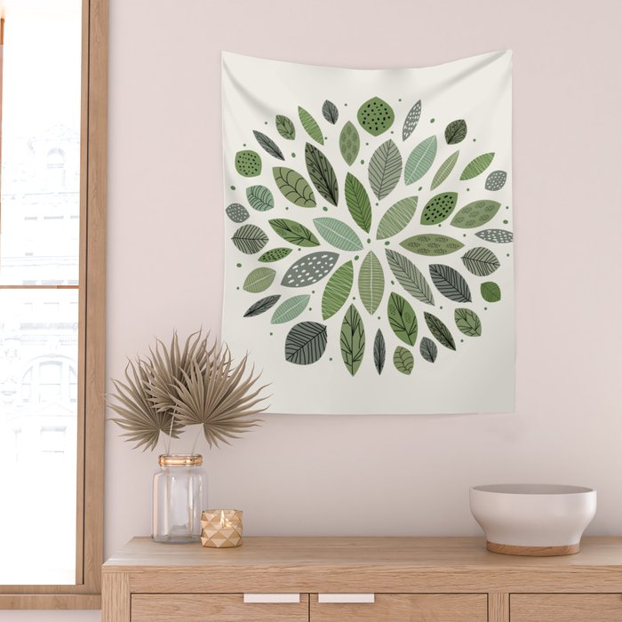 Mid-Century Green Leaves Wall Tapestry Gallery Image 2