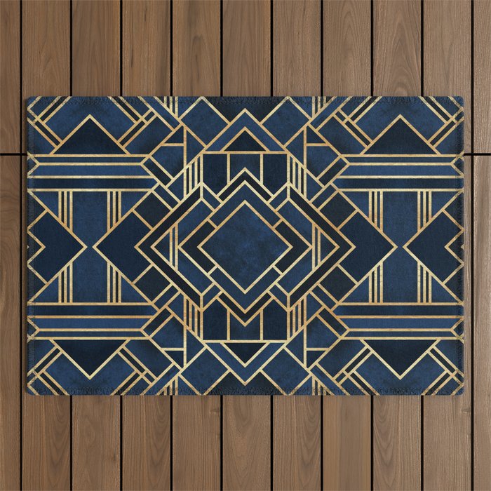 Art Deco Fancy Blue Outdoor Rug Gallery Image 1