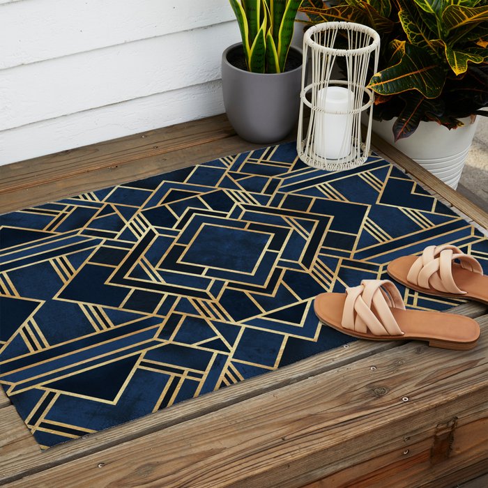 Art Deco Fancy Blue Outdoor Rug Gallery Image 2