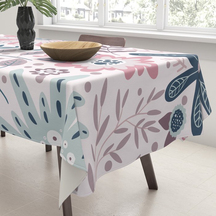 Whimsical Playful Flower Garden, Floral Prints Pink and Teal Tablecloth Gallery Image 3