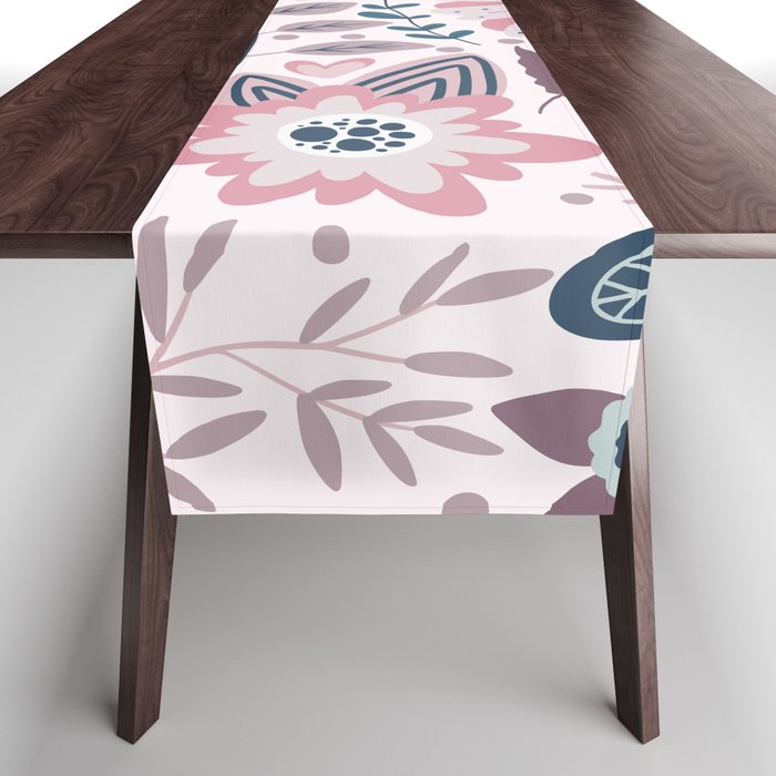 Whimsical Playful Flower Garden, Floral Prints Pink and Teal Table Runner Gallery Image 1