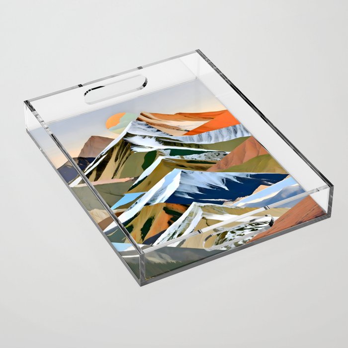 The Great Mountain Ranges, Nature Photography Collage, Digital Eclectic Geometric, Landscape Travel Contemporary Boho, Mountains Hills Adventure Acrylic Tray Gallery Image 1