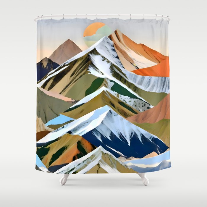 The Great Mountain Ranges, Nature Photography Collage, Digital Eclectic Geometric, Landscape Travel Contemporary Boho, Mountains Hills Adventure Shower Curtain Gallery Image 1