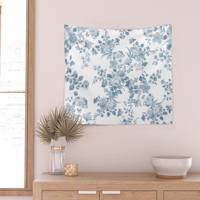 Vintage blue white bohemian elegant floral Wall Tapestry Gallery Image 2