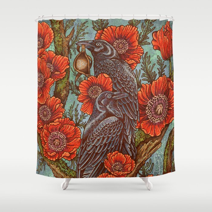 Huginn And Muninn in Odainsackr Shower Curtain Gallery Image 1